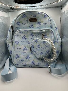 Madden Girl Light Blue Floral Backpack with Pearl Heart Coin Purse